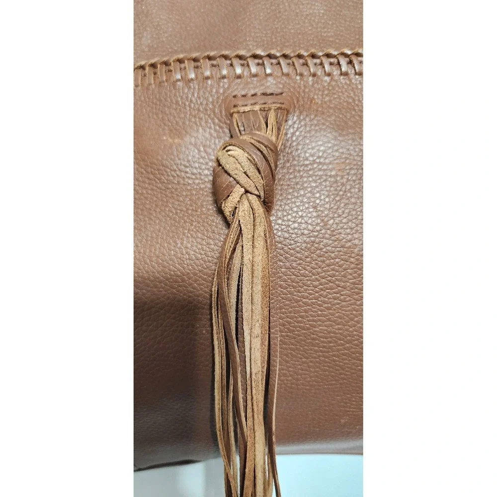 Lucky Brand Cognac Brown Pebbled Leather Tote Bag with Tassel and Clover Charm